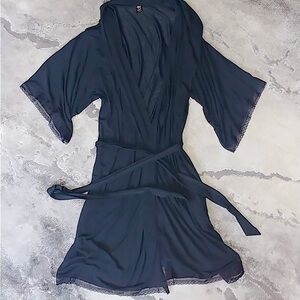 VICTORIAS SECRET BLACK MODAL SILKY ROBE M/L LACE TRIM NWOT